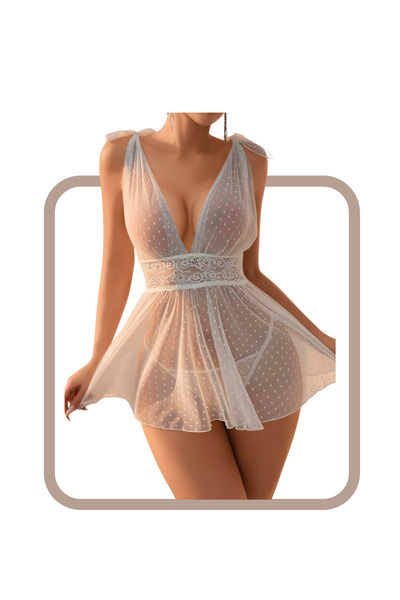 ZARVIA Beyaz Tül Dekolteli Transparan Askılı Seksi Tanga Gecelik Takım