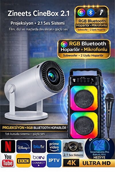 Zineets Taşınabilir Android Projeksiyon + Ses Sistemi Wifi Destekli Akıllı Si...