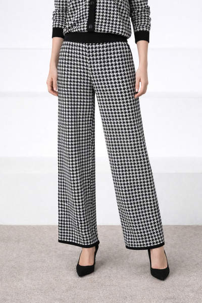 Ferraro Black/White Goose Feet Pattern High Waist Wide Leg Cashmere Women's K...