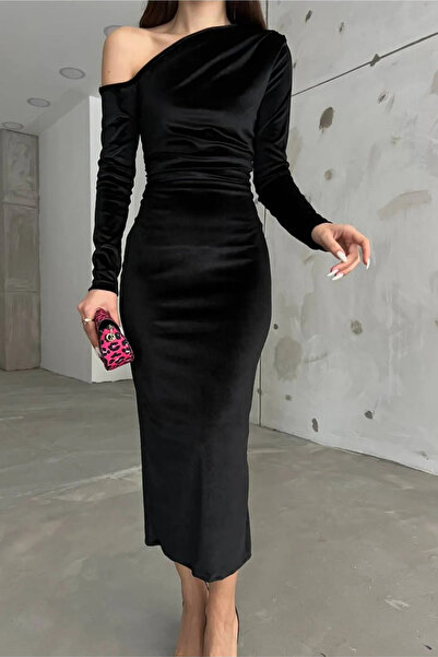 Nika Fashion Βελούδινο φόρεμα One Shoulder Open Gathered