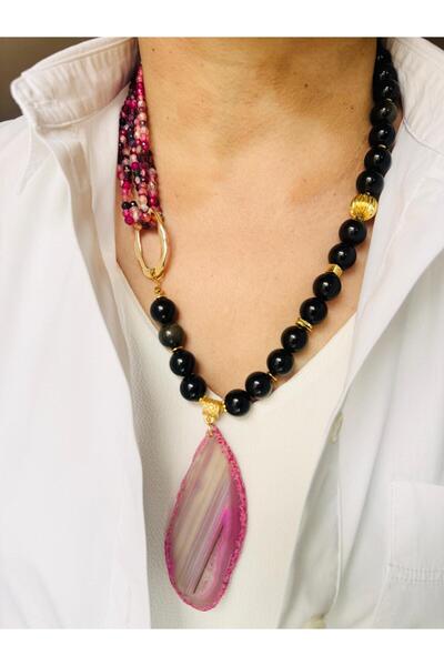 DEVİ fashion Agate and Obsidian Natural Stone Life Necklace 57 cm