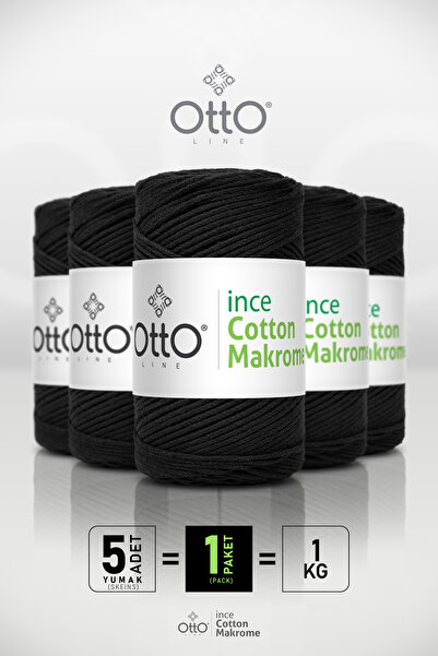 Otto خيط مكرامية قطني رفيع - أسود - عبوة من 5 قطع - 2 مم/200 جرام/170 متر - خ...