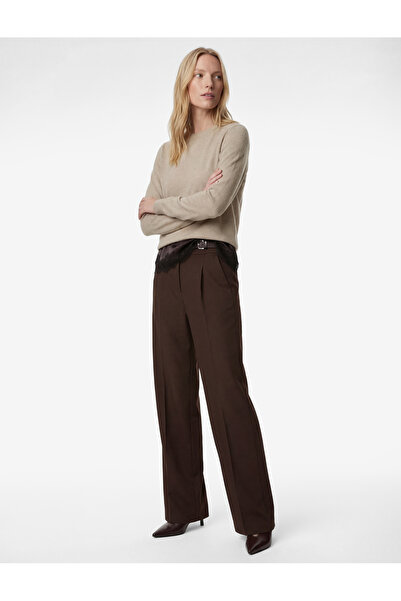 Koton Μακρύ υφασμάτινο παντελόνι με φαρδιά πόδια με λεπτομέρεια μισής ζώνης κ...