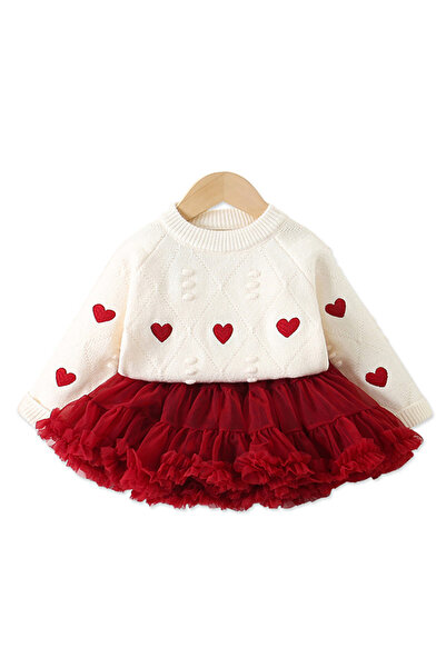 OEM Compleu pentru fete, pulover alb cu inimioare si fusta rosie, marime 140c...