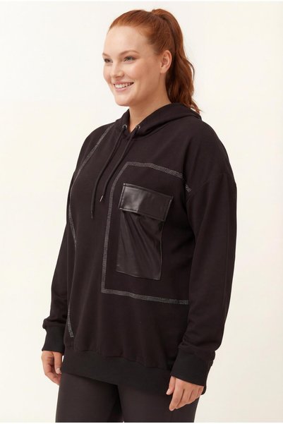 Ebsumu Women's Plus Size Leather Pocket Detailed Stone Embellished Black Sweatshirt