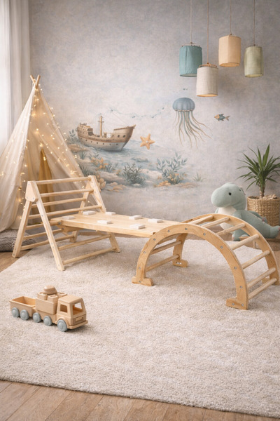 lifly Ahşap Pikler Üçgeni, Pikler Merdiveni ve Pikler Halkası 3'lü Set - Mont...