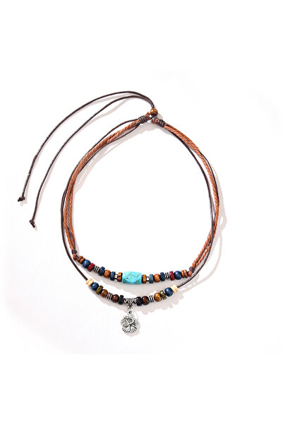 OEM Women's necklace with beads and leaf pendant, adjustable length, cord clo...