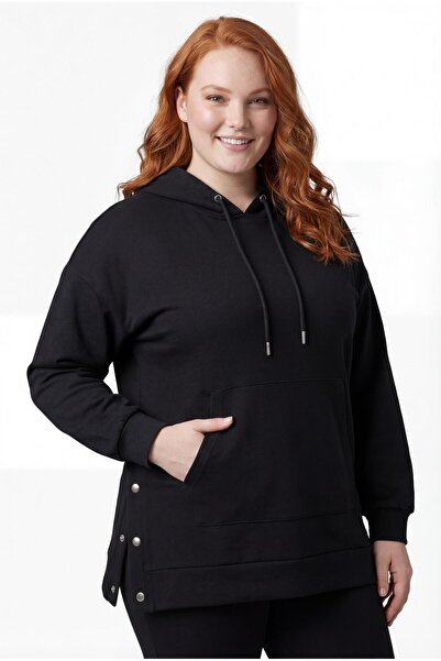 Ebsumu Kadın Büyük Beden Yanlar Çıt Çıt Kapamalı Basic Siyah Sweatshirt