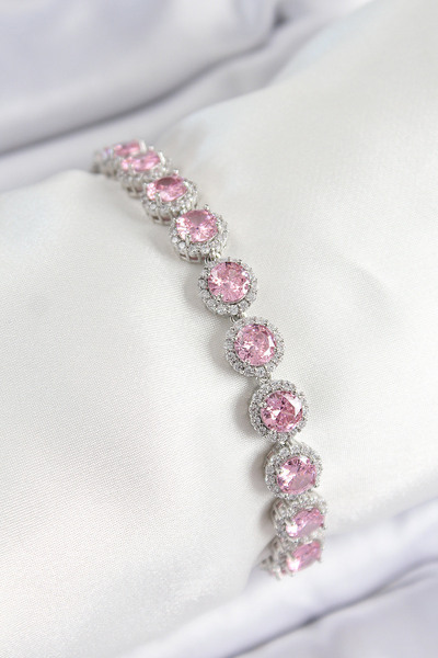 Skygo Pirinç Pembe Zirkon Taşlı Daire Baget Model Gümüş Renk VIP Seri Kadın B...