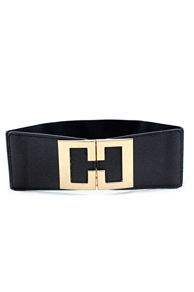 OEM Women's elastic belt, gold metal buckle, faux leather, black
