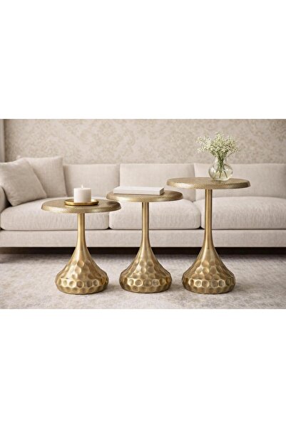 Valda VERA 3’lü Dövme Gold Eskitme Modern Yan Sehpa Seti