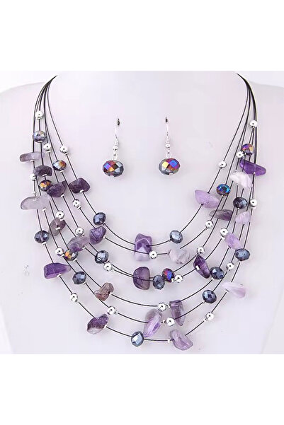 OEM Колие и обеци с полускъпоценни камъни, регулируема дължина, лилави