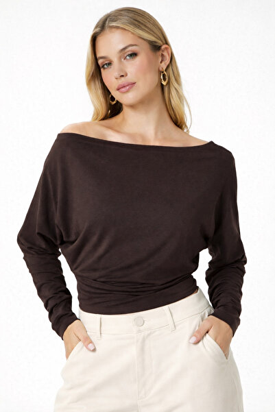 FİFTY ONE Women's Grace Asymmetrical Shoulder Detail Brown Blouse