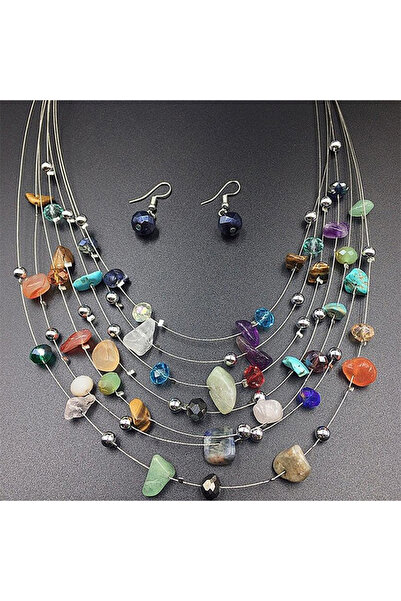 OEM Necklace and earrings with semi-precious stones, adjustable, multi-colored