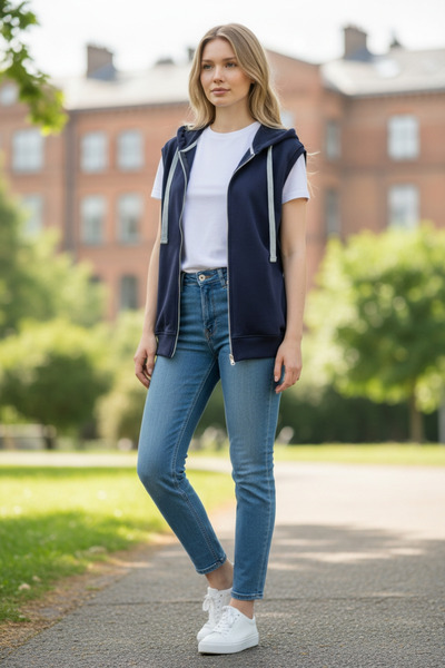 AHMERA Unisex Lacivert Mevsimlik Fermuarlı Normal Kalıp Kapüşonlu Yelek