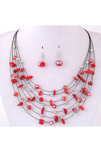 OEM Set colier și cercei cu pietre semiprețioase, lungime reglabilă, roșu