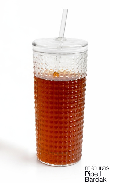 Meturas Kapaklı ve Cam Pipetli 550ml Cam Bardak – Borosilikat Cam, Yeniden Ku...