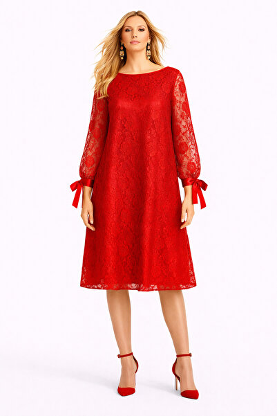 MERT ERKAN Kol Ağzı Bağlama Detaylı Kırmızı Çiçekli Tül Salaş/A-Form Midi Elb...