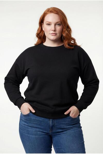 Ebsumu Kadın Büyük Beden Basıc Şardonlu Siyah Sweatshirt