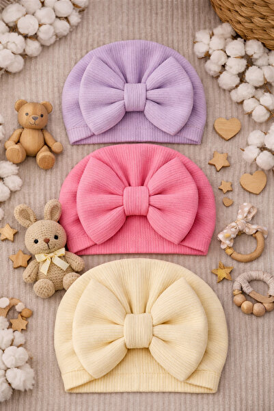 Pico Baby Fiyonklu Bebek Bone 3'lü Set- Krem/Mor/Pembe