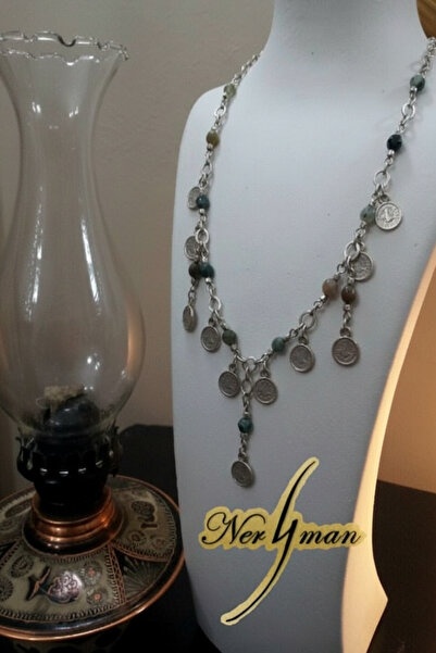 NERYMAN DOĞAL TAŞ, YOSUNLU AKİK (MOSS AGATE) VE PARA UÇ APARATLARI İLE TASARLANMIŞ ŞIK OTANTİK KOLYE