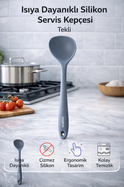 Single Sert Uçlu Isıya Dayanıklı Yanmaz Yapışmaz Silikon 28 Cm Kepçe