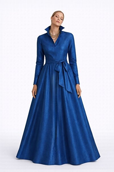 MERT ERKAN فستان قميص أنيق من قماش الجاكار اللامع باللون الأزرق من ساكس