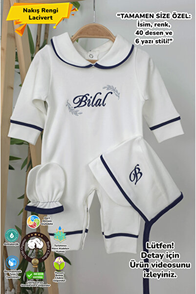 gros shop Lacivert Biyeli %100 Pamuk Hastane Çıkış Seti Başak Model-1 (KİŞİYE...