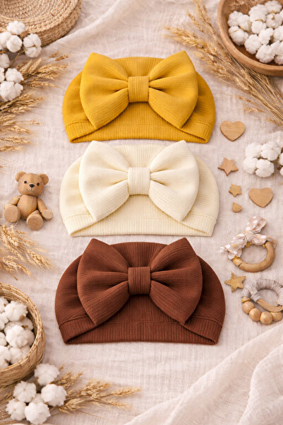 Pico Baby Fiyonklu Bebek Bone 3'lü Set- Krem/ Kahverengi / Hardal