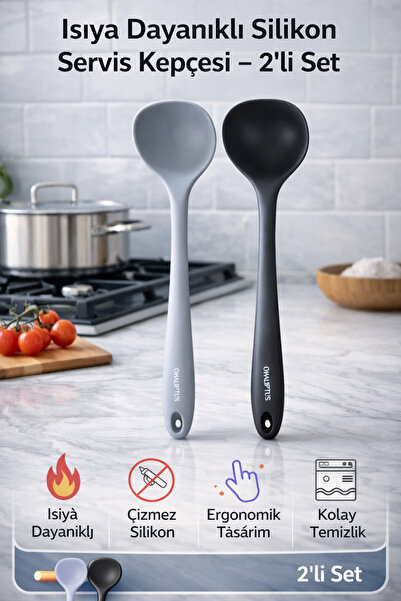 Single ( 2 Adet )Sert Uçlu Isıya Dayanıklı Yanmaz Yapışmaz Silikon 28 Cm Kepçe