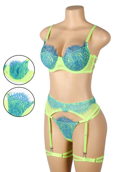 Lingerie and Fashion Style Green or Rose Spliced Eyelash Lace Bra Set