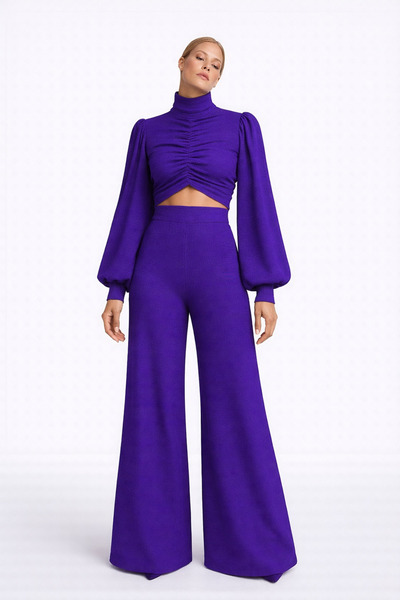 MERT ERKAN Wide Striped Purple Knitted Rib Fabric Top & Bottom Stylish Set