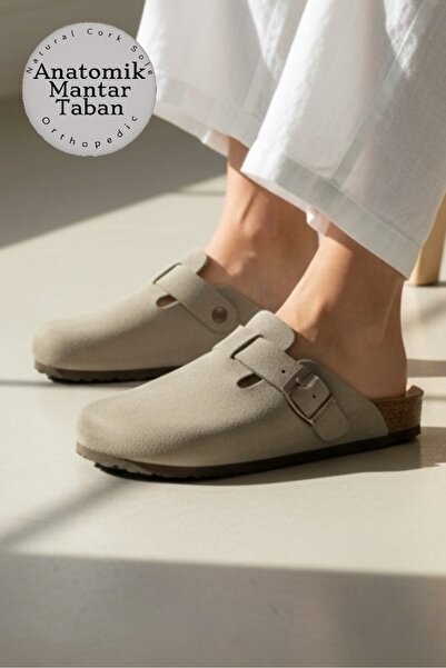 Land of Cork Snape Unisex Süet Taupe Kapalı Terlik – Ark Destekli, Anatomik M...