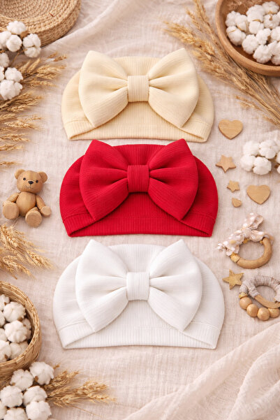 Pico Baby Fiyonklu Bebek Bone 3'lü Set- Krem/Kırmızı/Beyaz