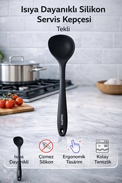 Single Sert Uçlu Isıya Dayanıklı Yanmaz Yapışmaz Silikon 28 Cm Kepçe