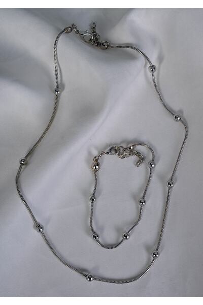 dergavud 2'li Gümüş Renk Çelik Kolye Ve Bileklik Set