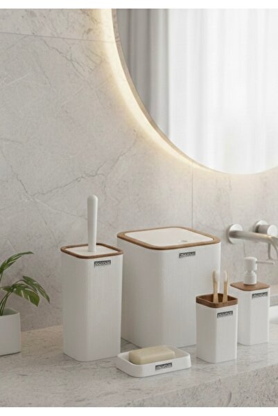 Okyanus Home Mina Beyaz Ahşap Desenli Çizgili Kare 5'li Banyo Seti
