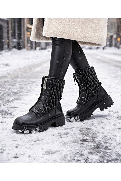 MixBrand Kadın Siyah Kalın Tabanlı 6 Cm Özel Tasarım Sıcak Astarlı Fermuarlı ...