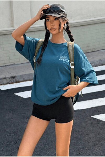 ESPİNA Жіноча бавовняна футболка оверсайз з логотипом спереду та принтом на с...