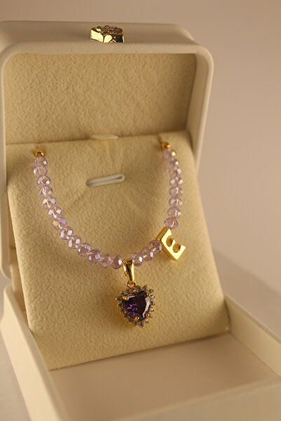 Defua Kişiselleştirilebilir Harfli Altın Kaplama Kristal Boncuk Kolye - Mor