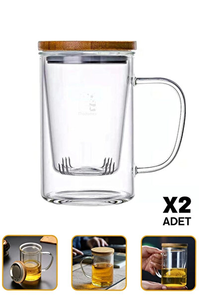 Madamev 2li Borosilikat Cam Süzgeçli Bambu Kapaklı Kupa Kulplu Demlik Tarz Çi...