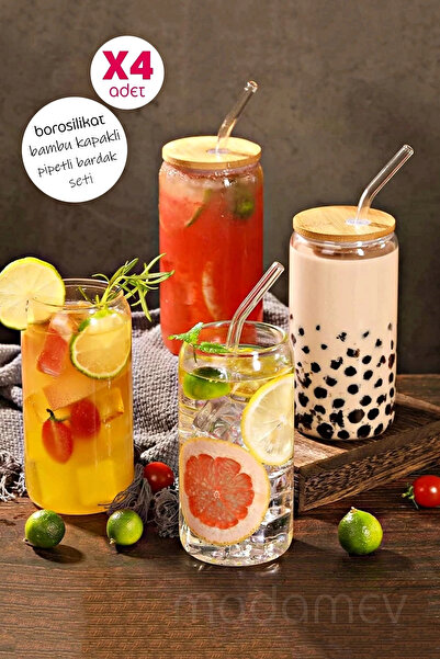 Madamev 4lü Bambu Kapaklı Pipetli Cam Bardak Isıya Dayanıklı Borosilikat Kola...