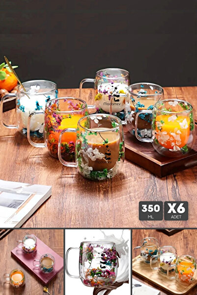 Madamev 6'lı Çift Çidarlı Flower Cup Çiçekli El Yapımı Borosilikat Bardak 350...