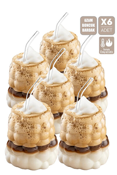 Madamev 6lı Boncuk Bardak Pipetli Meşrubat Su Kahve Sunum Bardağı Isıya Dayan...