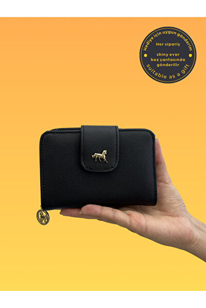 shiny ever Středně velká černá dámská kožená peněženka se zlatými detaily