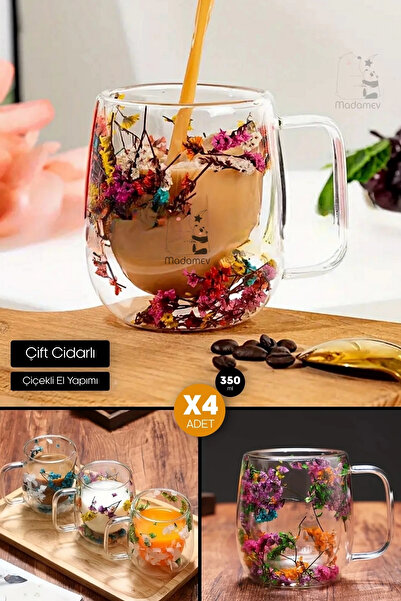 Madamev 4lü Çift Cidarlı Çiçekli Flower Cup Bardak 350 ml El Yapımı Borosilik...