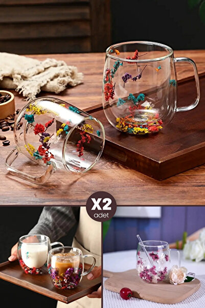 Madamev 2li Çiçekli Çift Cidarlı Kulplu Bardak Handmade Flower Cup Kahve Sunu...