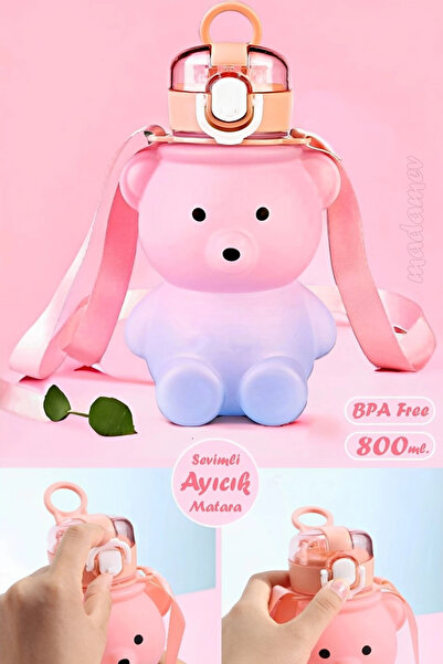 Madamev Smile Ayıcık Model Su Matarası 800 ml Askılı Çocuk Okul Su Şişesi Sız...