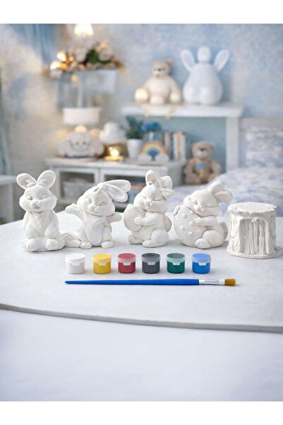 Atölye yüksel Sevimli Tavşanlar Taş Boyama Seti = 5 Taş + 6 renk Boya + 1 Fırça