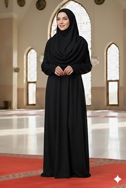 REY-VİA Kolay Giyilebilen Başörtülü Tek Parça Namaz Elbisesi Siyah